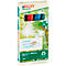 Eine Packung Edding EcoLine Flipchart Marker mit roter, blauer und grüner Tinte, vor einem Hintergrund von Bäumen.