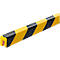 Yellow and black edge protector, diagonal stripes. Rectangular cross-section, rounded edges.