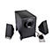 Schwarzes 2.1-Lautsprechersystem. Ein groÃŸer Subwoofer, zwei Satelliten und eine kleine Bedieneinheit.