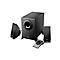 Schwarzes Lautsprechersystem, bestehend aus Subwoofer, zwei Satellitenlautsprechern und einer Bedieneinheit.
