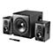 Edifier Lautsprecher-Set in Schwarz mit zwei Regallautsprechern, großem Subwoofer und Fernbedienung vor weißem Hintergrund.