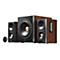 Edifier Lautsprecher-Set in Holzoptik mit Subwoofer und Fernbedienung vor weißem Hintergrund.