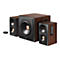 Edifier Lautsprechersystem mit Subwoofer und zwei Satelliten in Holzoptik und schwarzer Front, inklusive Fernbedienung.