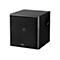 Schwarzer Edifier Subwoofer in quadratischem Holzdesign mit Frontbespannung vor weißem Hintergrund.