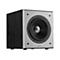 Schwarzer Edifier Subwoofer mit silberner Frontplatte und mittigem Lautsprecher-Konus vor weißem Hintergrund.