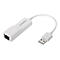Weißer Edimax USB-auf-Ethernet-Adapter mit Kabel vor weißem Hintergrund.