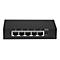 Schwarzer Netzwerk-Switch mit fünf nummerierten LAN-Ports und einem DC-IN-Anschluss auf der Vorderseite.