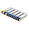 Fünf SFP-Transceiver-Module in einer Reihe, mit silbernen Gehäusen und farbigen Kunststoff-Entriegelungshebeln.