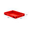 Red plastic box with dimensions, 600 x 400 x 75 mm.