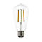 Une ampoule LED transparente de style vintage, avec un culot E27. L'ampoule a une forme de poire et des filaments orange.
