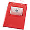 Red memo board with handle, transparent window and button. The handle is made of cord. The background is white.