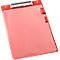 Red clipboard with silver clip and two red closures. The clipboard has a transparent viewing window.