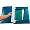 A person opens a blue document folder. Inside are green and white documents. There is a text on the green paper.