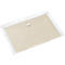 Transparent, rectangular document bag with a beige colored sheet of paper. A white button closes the bag.