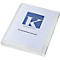 Transparent document folder with paper. Blue logo with K on the paper.