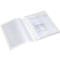 Transparent document folder with open pages. On the right side is a sheet of paper with text. Left blank page.