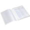 Transparent folder with white pages, open on a white background. The folder has a clear plastic cover.