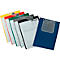 Multi-colored clipboards with papers arranged in a row. Yellow, red, green, grey and blue.