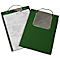 Two green clipboards with paper, one open with Mercedes logo and text.