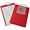 Two red folders with paper, handles and mesh pockets. One has paper with text, the other is empty.
