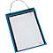 Pochette de documents transparente avec cadre bleu, sangle de poignée noire et papier inséré.
