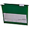 Green hanging file with white label field and transparent case, with a clip above.