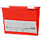 Red hanging file with a white label and black bracket.
