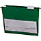 Green hanging file folders with transparent labeling field, on black metal hangers. The label says: EICHNER - Suspension Files, Platin Line with Index clips.