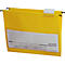 Yellow hanging file folder with transparent label field and black metal hooks.