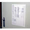 A grey metal door with a diagram attached in a protective sleeve. The diagram has detailed information, with a handle.