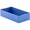 Blaue Kunststoffbox, rechteckig mit Griffausschnitten.