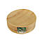 Ein Stapel runder, unbehandelter Holzplatten, teilweise in Folie verpackt, mit Etikett.