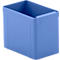 Blue, rectangular storage container. The shape has a rectangular cutout at the top.