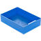 Blue rectangular plastic box with a recess. Interior light blue, exterior darker. On a white background.