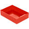 Red, rectangular plastic box with raised edge, view from above.