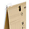 Beige file folder with printed text and logo. A white adhesive tape secures a metal hook. The product shows a detail of the file folder.