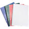 Five spiral notebooks in blue, green, pink, and white. The white page is squared.