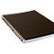 Dark brown spiral notebook, open double page, copper-colored spiral binding.