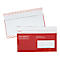 Two red document envelopes. One open, one closed, with a viewing window and printing.