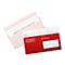 Red envelope with window, next to it a stack of white envelopes with prints. Inscription: Documents, Post-compliant.
