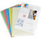 Multicolor sheets of paper next to a transparent cover with images and text.