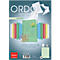 Advertising image for transparent folders. Various colored folders, next to them white sheets of paper flying with the lettering ORDO.
