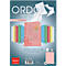 Product advertisement for folders. Transparent pink folder in front of colored folders, sheets of paper falling. Text: ORDO, transparent.