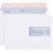 White envelopes with a viewing window, one opened. Printed logos and text are visible.