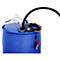 Blue barrel with a fuel nozzle and hoses. Red and black clamps are attached.
