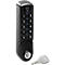 Black keypad lock with 0-9 keys and keyhole, next to a key.