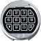 A silver keypad with black buttons and white lettering. Numbers and letters can be seen on the keys.