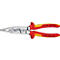 Tang, gekleurd rood en geel, liggend op een witte achtergrond. Er staat belettering op de handvatten.