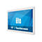 Elo Touchscreen-Tablet mit weißem Rahmen. Auf dem Bildschirm, blau-weiße Muster mit dem Elo-Logo und der Aufschrift "10" | Touchscreen".
