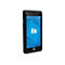 Schwarzes Smartphone mit blauem Bildschirm, Ä“lo-Logo. Vor weiÃŸem Hintergrund.